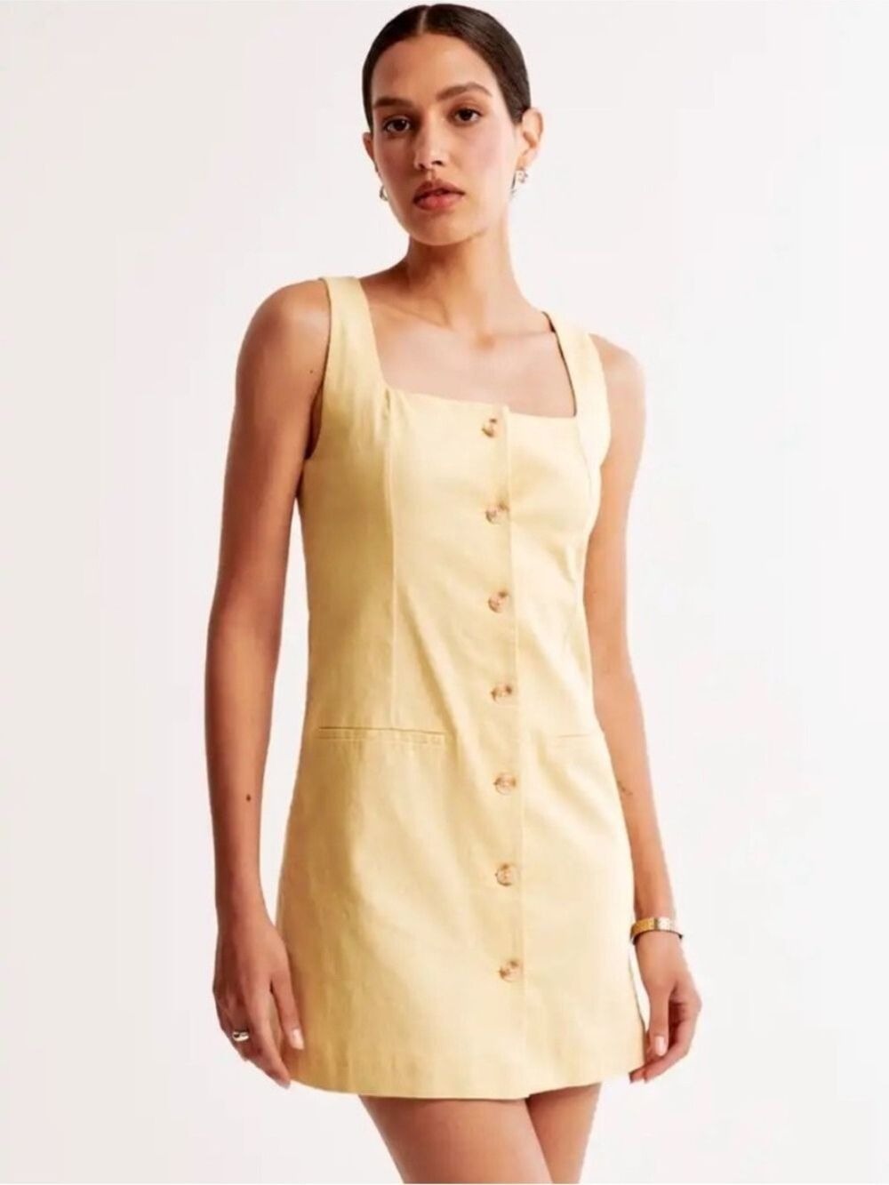 Abercrombie And Fitch Mara Square Neck Linen Blend Dress in Butter Yellow